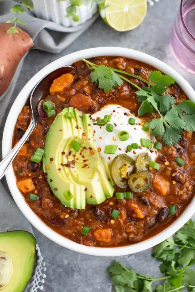High-Protein Vegan Lentil and Sweet Potato Chili Bowl