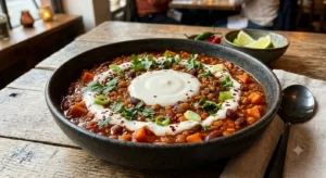 High-Protein Vegan Lentil and Sweet Potato Chili Bowl